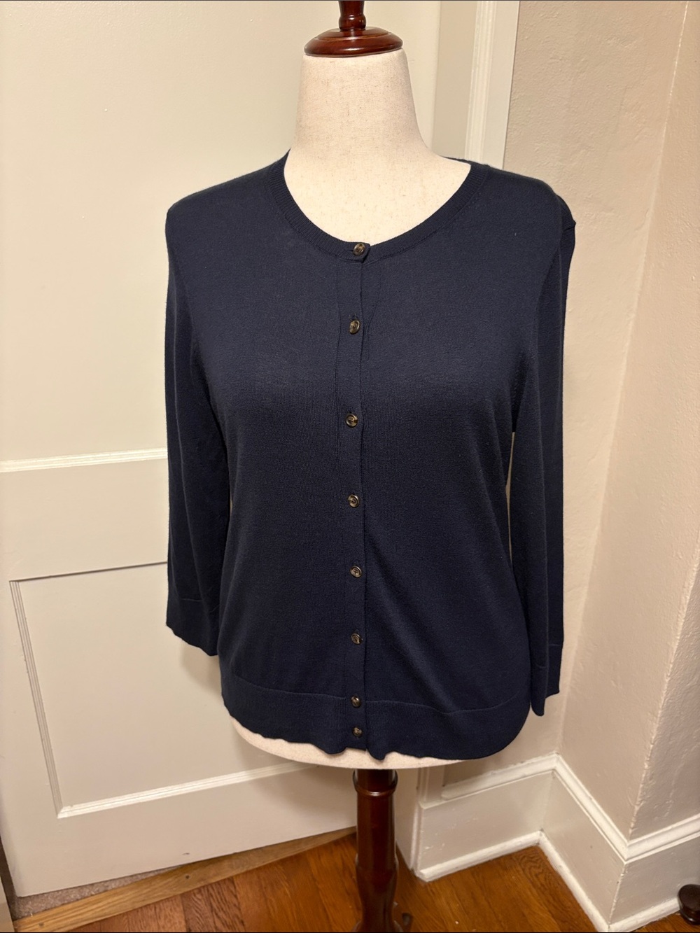 Ann Taylor Navy Refined Crewneck Button Cardigan